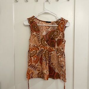 Vintage Y2K Babydoll Boho Indie Sleeveless Geometric Tye Back Blouse in Rust